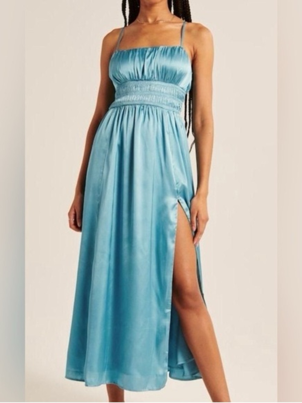 🆕NWT Abercrombie & Fitch blue satin maxi dress w/ smocked bodice & side slit. XS